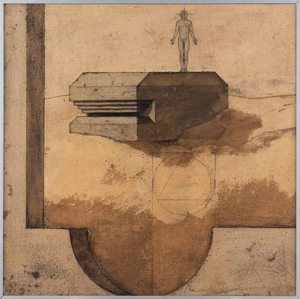 Mario Masini (1943) — Personnage dans une composition géométrique,
