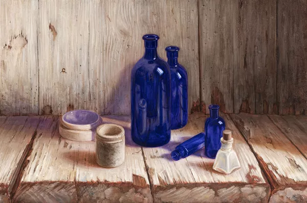 Mario Roffler (1940) — Nature morte aux flacons bleus,