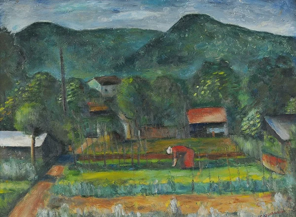 Mario Comensoli — Frau im Garten vor Tessiner Landschaft, 1946