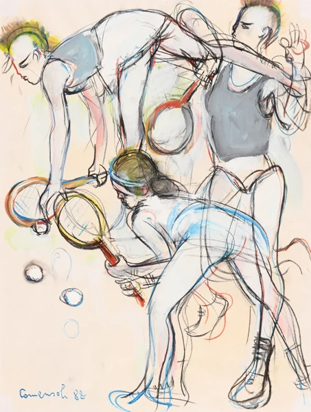 Mario Comensoli — 2 Zeichnungen: Tennisspielende Punks, 1988