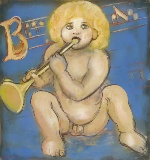 MARIO COMENSOLI — Trompetenspielender Putto. Recto und verso bemalt. — Koller Auktionen