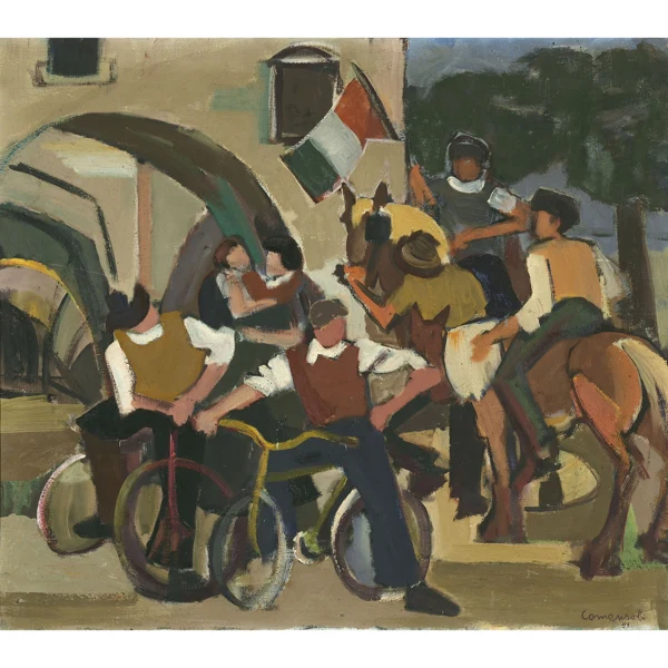 Mario Comensoli — GRUPPE VON RADFAHRERN UND REITERN, 1951 GROUP OF CYCLISTS AND HORSEMEN, 1951