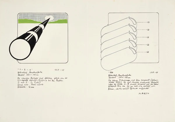 Markus Raetz — Projektskizzen für Documenta 4: "3 - 2 - 1" und "PEN", 1967/1968
