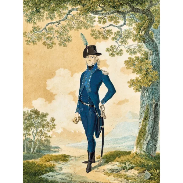 Marquard Wocher — Junger Mann mit Uniform in weiter Landschaft.