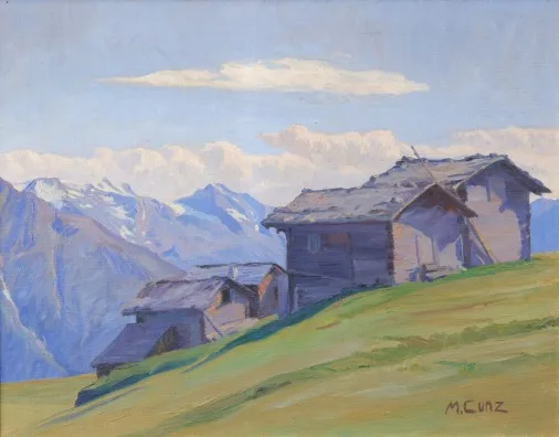 Martha Cunz — Gebirgslandschaft mit Alphütten (Obersaxen)