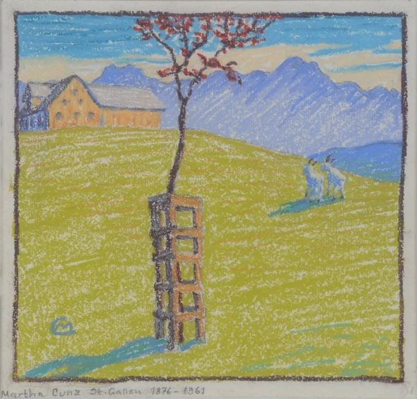 Martha Cunz — Voralpenlandschaft mit blühendem Bäumchen