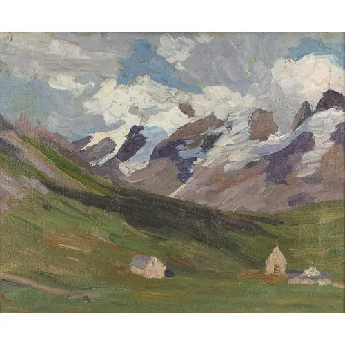 Martha Cunz — Gebirgspartie mit Kapelle.