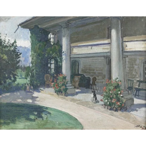 Martha Stettler — Hund auf einer Veranda.