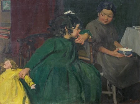 Zwei Mädchen mit Puppe, um 1902