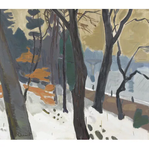 Martin Alfred Christ — Winterliche Seeuferpartie mit Bäumen.