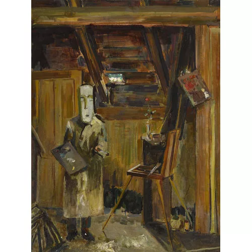 Martin Lauterburg — Selbstbildnis im Atelier mit Maske.