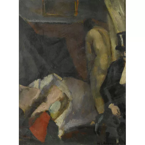 Martin Lauterburg — Interieur mit weiblichem Akt und Herrn mit Zylinder.