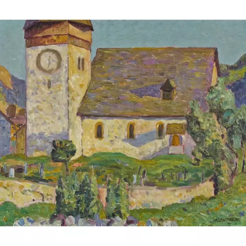 Sonnige Landschaft mit Kirche in Saanen