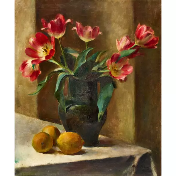 Stillleben mit Tulpen und Zitronen