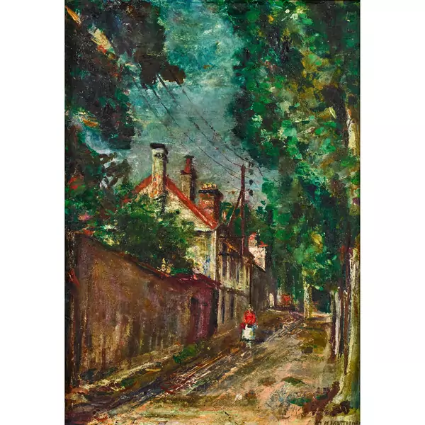 Strasse mit Häuserzeile und Passantin
