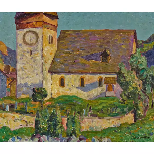 Sonnige Landschaft mit Kirche in Saanen