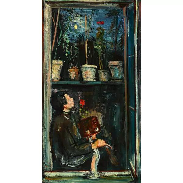 Abendliches Selbstbildnis im Fensterausschnitt