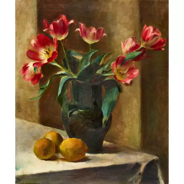 Stillleben mit Tulpen und Zitronen