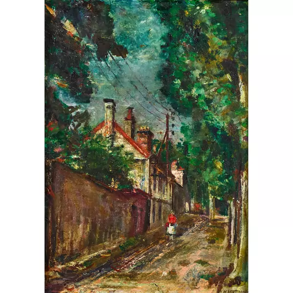 Strasse mit Häuserzeile und Passantin