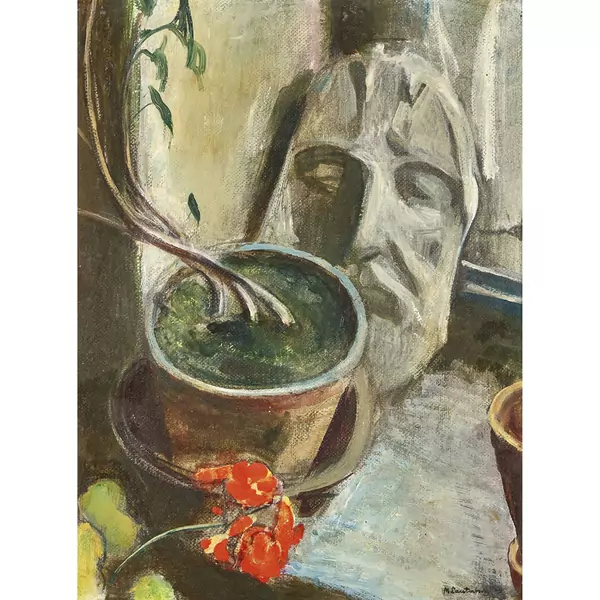 "Maske, Topf und Geranium"