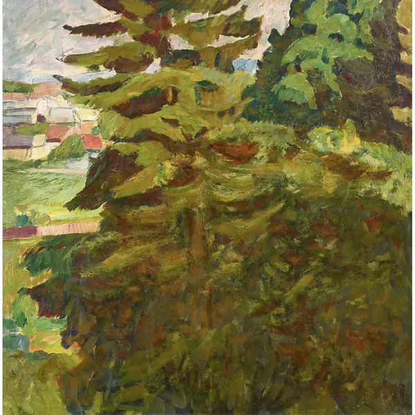 Landschaftspartie mit Bäumen und Dorf