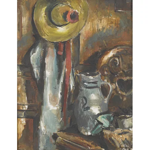 Martin Lauterburg — Interieur mit Krug, Mantel und Sonnenhut.