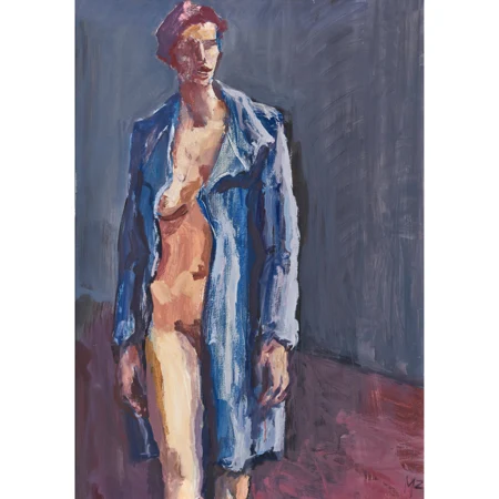 Weiblicher Akt mit blauem Mantel