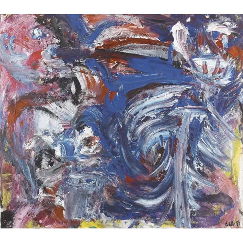 Martin Disler — Abstrakte Komposition in Rot und Blau.