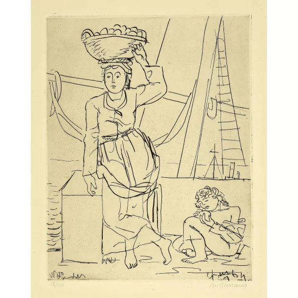 Maurice Barraud — La porteuse d'oranges. - Les fillettes de Barcelone. - Les buveurs. - Saltimbanques. - Visage de jeune femme au doigts. - Jeune femme couchée sur le ventre. - Couple dans végétation. - Jeune femme couchée sur le dos