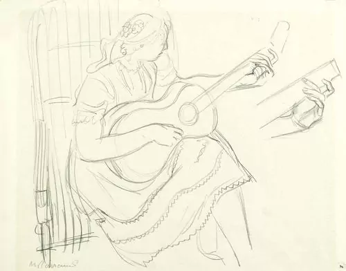 MAURICE BARRAUD — Studie zu "Gitarre spielende Frau". Mit zusätzlicher Studie zur Griffhand. — Koller Auktionen