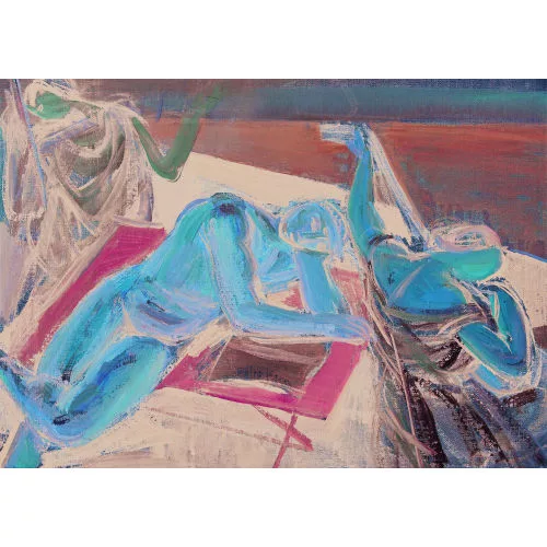 Maurice Barraud — Männerakt mit zwei musizierenden Frauen am Strand.