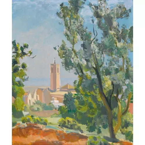 Sommerliche Landschaft mit Blick auf einen Kirchturm