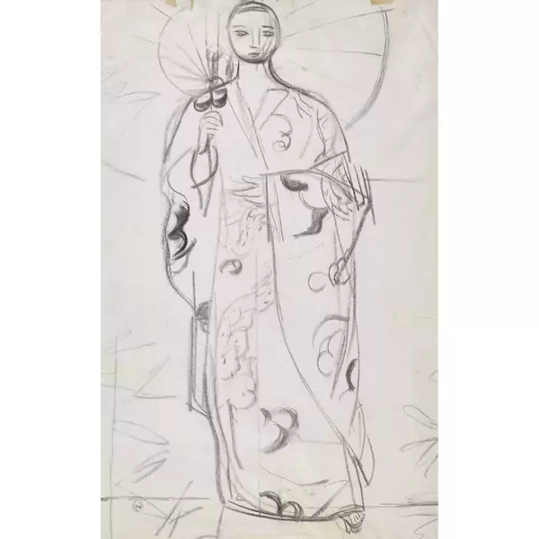 Fernöstlich gekleidete Dame mit Sonnenschirm