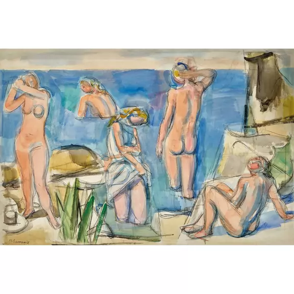 Cinq baigneuses à l'ombrelle verte