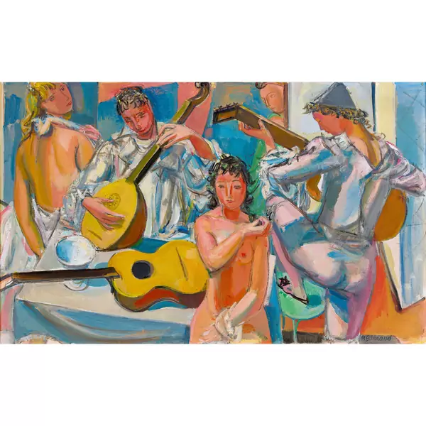 "Nu et arlequins musiciens"