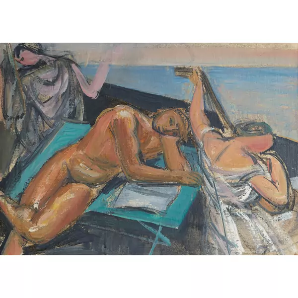 Männerakt mit musizierenden Frauen am Strand