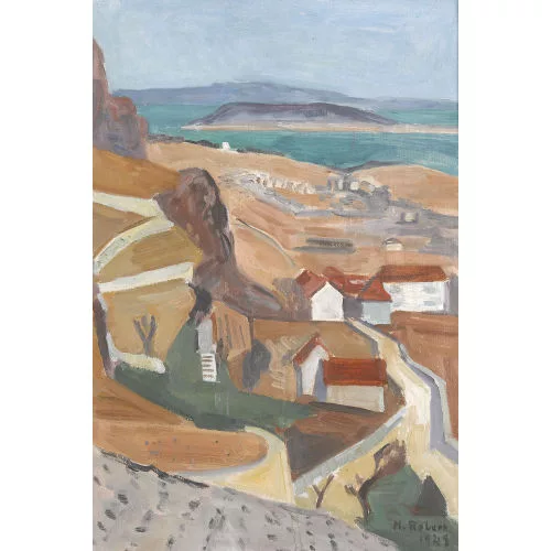 Maurice Robert — Sonnige Uferpartie mit Häusern am Hang.