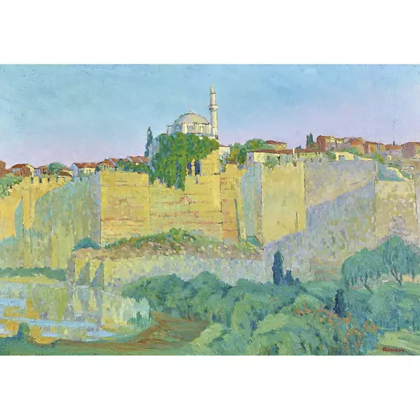 Stadt mit Moschee und Festungsmauer