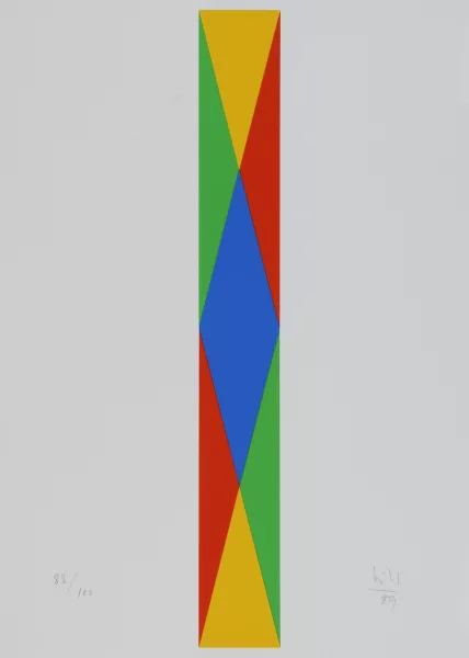 Max Bill — Portfolio. Vier quantengleiche Variationen aus blau und gelb wird rot und grün, 1989