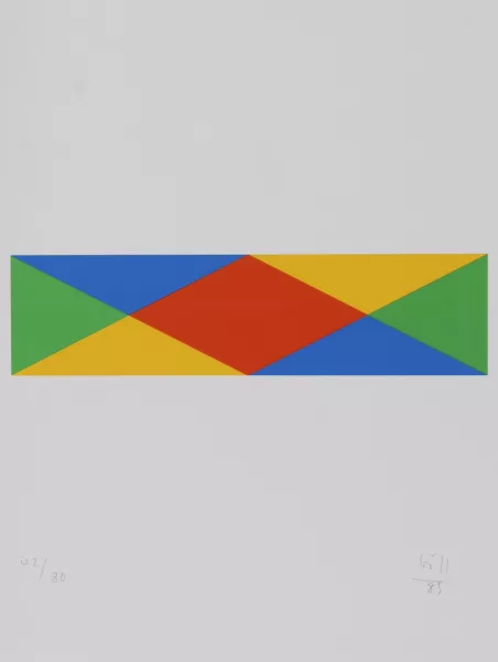 Max Bill — Portfolio. Vier quantengleiche Variationen aus blau und gelb wird rot und grün, 1988/89