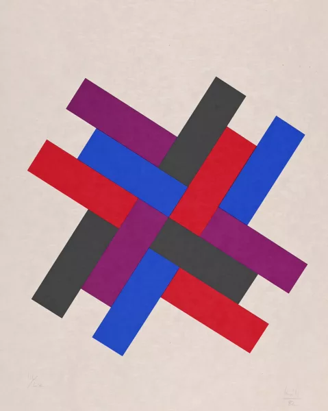 Max Bill — 2 Blätter: Vierteilige Einheit aus Dreiergruppen, 1982; Vier gleiche Dreiergruppen, 1982