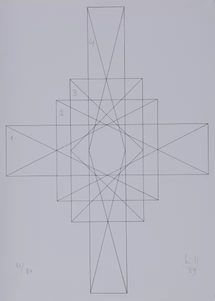 Max Bill — Portfolio. Vier quantengleiche Variationen aus blau und gelb wird rot und grün, 1989