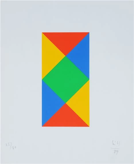 Max Bill — Vier quantengleiche Variationen. Aus Blau und Gelb wird Rot und Grün. 1989.