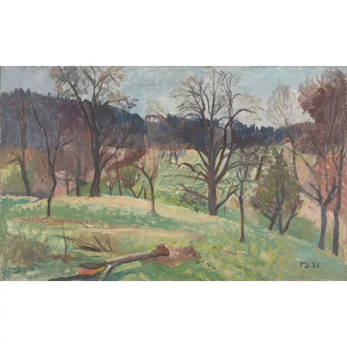 Max Böhlen — Vorfrühlingslandschaft mit Obstbäumen.