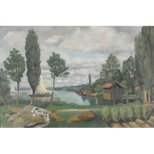 Max Böhlen — Seeuferpartie mit Strandhäuschen und Booten.