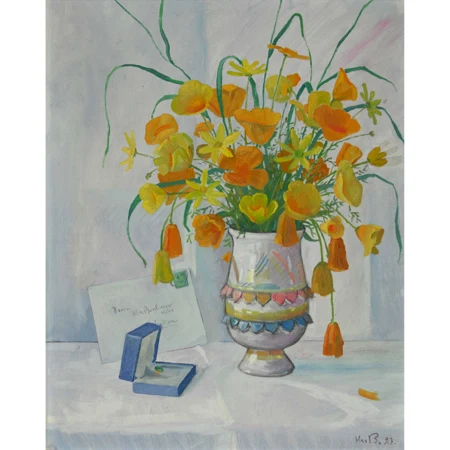 Stillleben mit Blumenstrauss, Brief und Ring