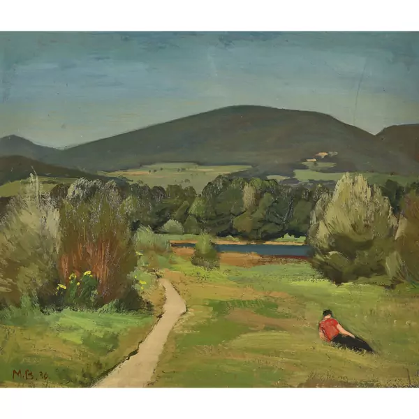 Landschaft mit Feldweg und liegendem Mann