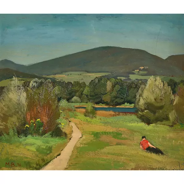 Landschaft mit Feldweg und ruhendem Mann