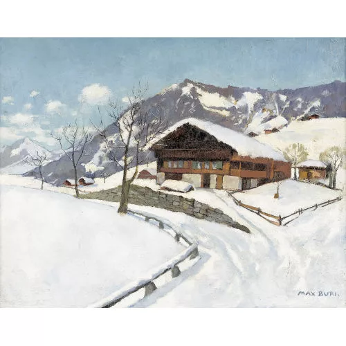 Max Buri — Winterlandschaft mit Chalet unter blauem Himmel.