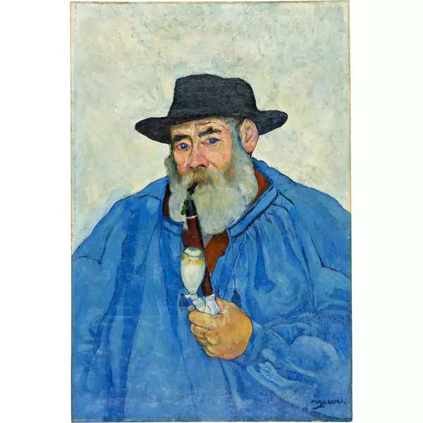 Max Buri — Brienzer Bauer in blauem Kittel, mit Pfeife — Galerie Kornfeld